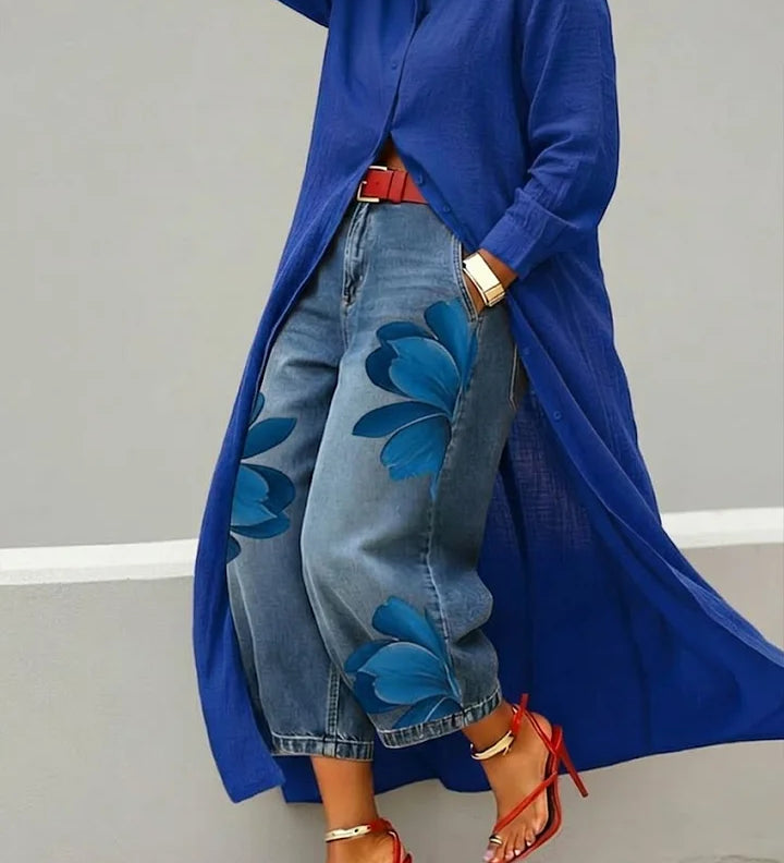 Maud - Linen Shirt Dress and Floral Jeans
