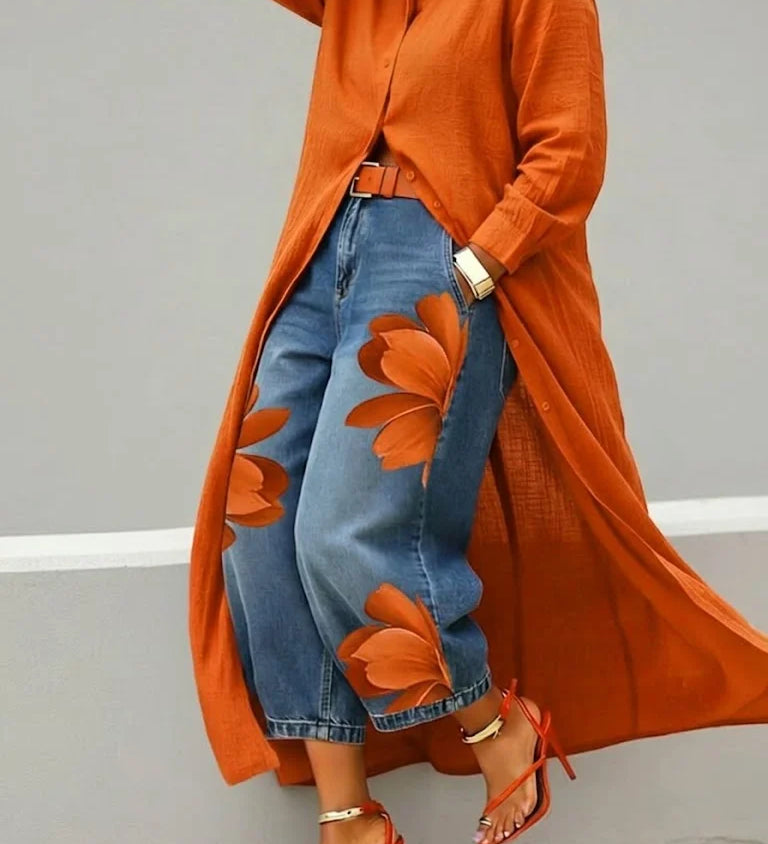 Maud - Linen Shirt Dress and Floral Jeans