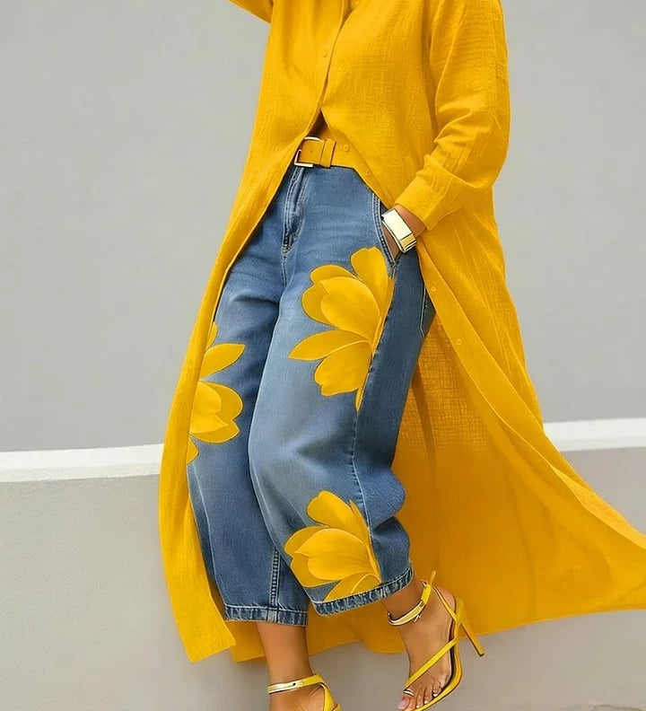 Maud - Linen Shirt Dress and Floral Jeans